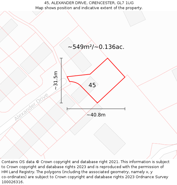 45, ALEXANDER DRIVE, CIRENCESTER, GL7 1UG: Plot and title map