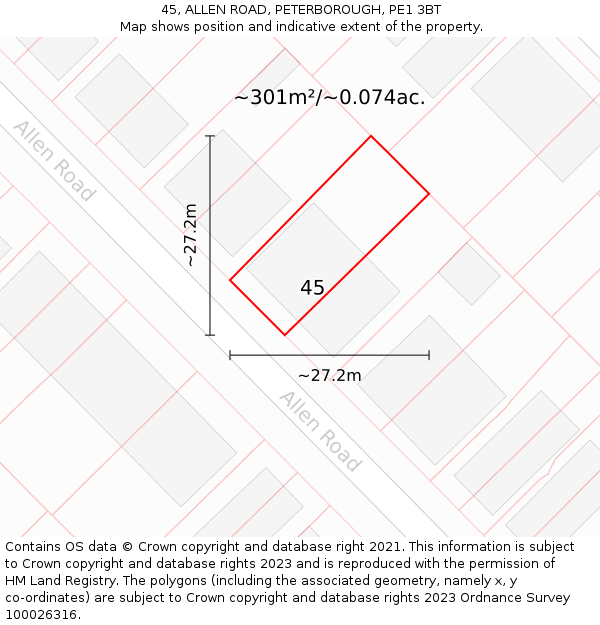 45, ALLEN ROAD, PETERBOROUGH, PE1 3BT: Plot and title map