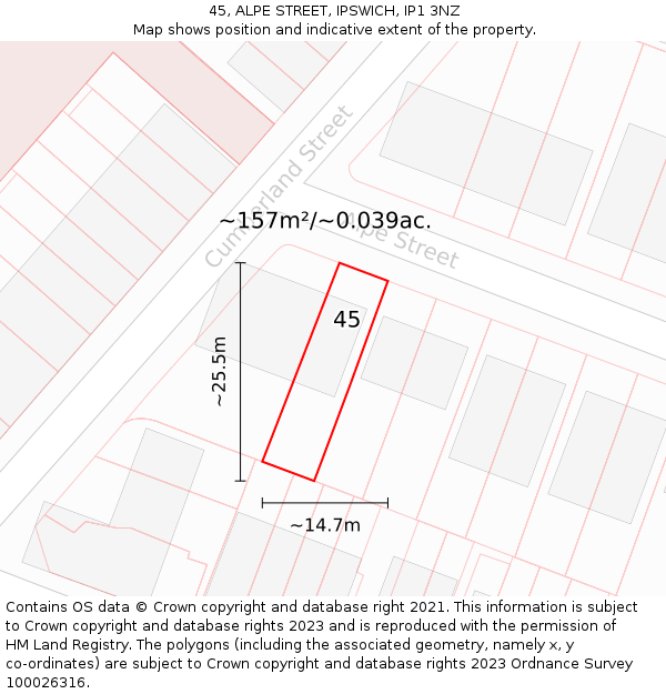 45, ALPE STREET, IPSWICH, IP1 3NZ: Plot and title map