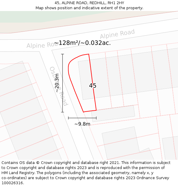 45, ALPINE ROAD, REDHILL, RH1 2HY: Plot and title map
