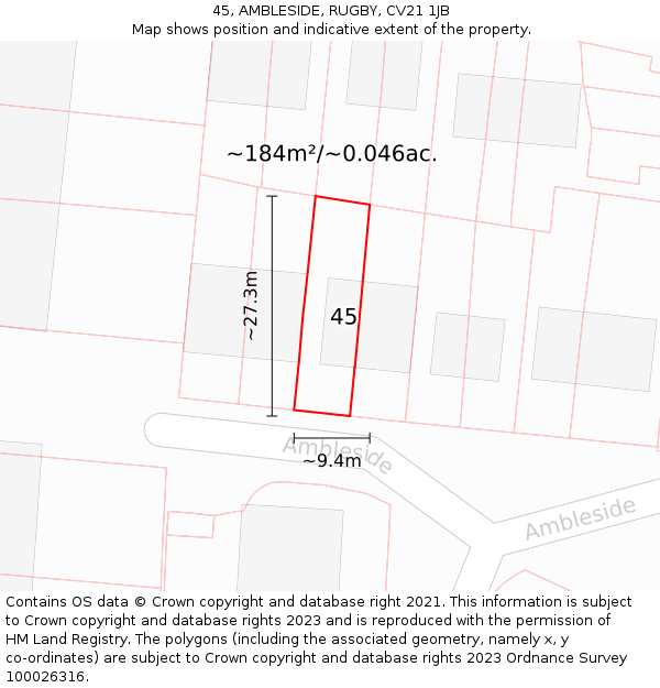 45, AMBLESIDE, RUGBY, CV21 1JB: Plot and title map