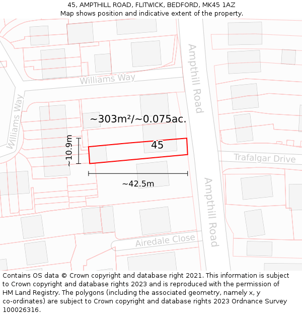 45, AMPTHILL ROAD, FLITWICK, BEDFORD, MK45 1AZ: Plot and title map