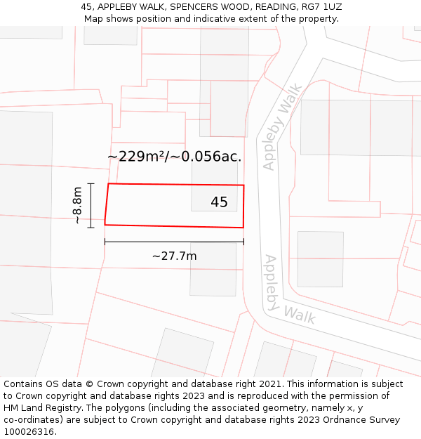 45, APPLEBY WALK, SPENCERS WOOD, READING, RG7 1UZ: Plot and title map