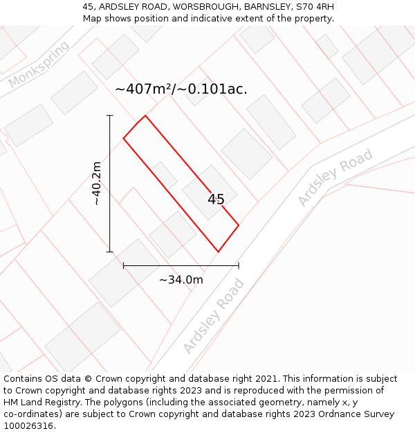 45, ARDSLEY ROAD, WORSBROUGH, BARNSLEY, S70 4RH: Plot and title map