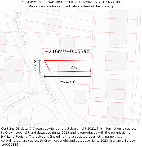 45, ARKWRIGHT ROAD, IRCHESTER, WELLINGBOROUGH, NN29 7EE: Plot and title map