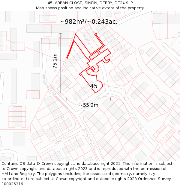 45, ARRAN CLOSE, SINFIN, DERBY, DE24 9LP: Plot and title map