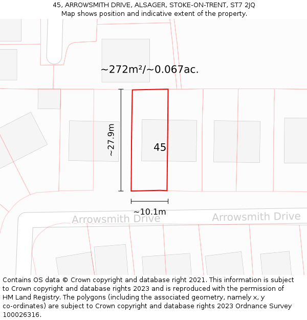 45, ARROWSMITH DRIVE, ALSAGER, STOKE-ON-TRENT, ST7 2JQ: Plot and title map