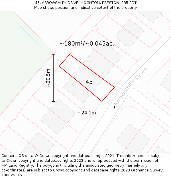 45, ARROWSMITH DRIVE, HOGHTON, PRESTON, PR5 0DT: Plot and title map