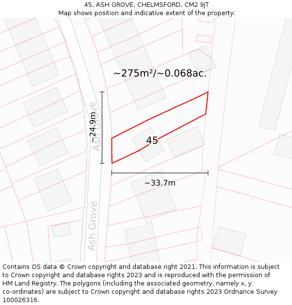 45, ASH GROVE, CHELMSFORD, CM2 9JT: Plot and title map
