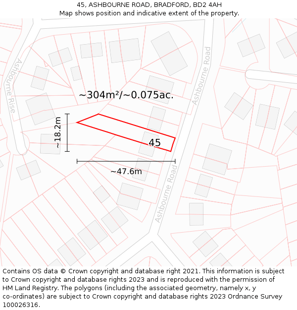 45, ASHBOURNE ROAD, BRADFORD, BD2 4AH: Plot and title map