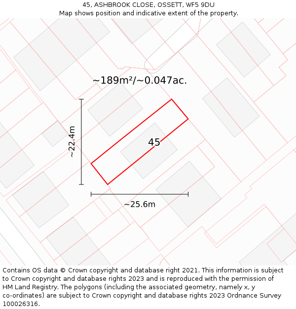 45, ASHBROOK CLOSE, OSSETT, WF5 9DU: Plot and title map