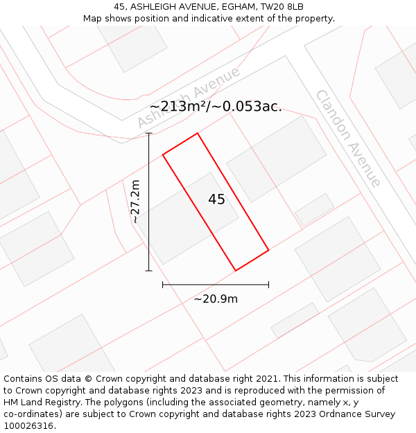 45, ASHLEIGH AVENUE, EGHAM, TW20 8LB: Plot and title map