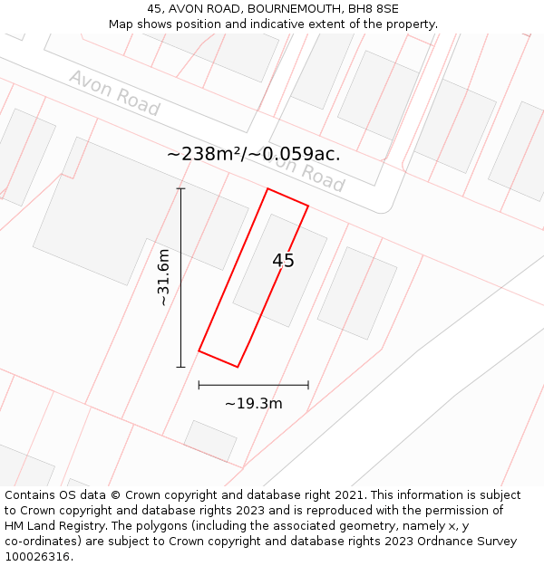 45, AVON ROAD, BOURNEMOUTH, BH8 8SE: Plot and title map
