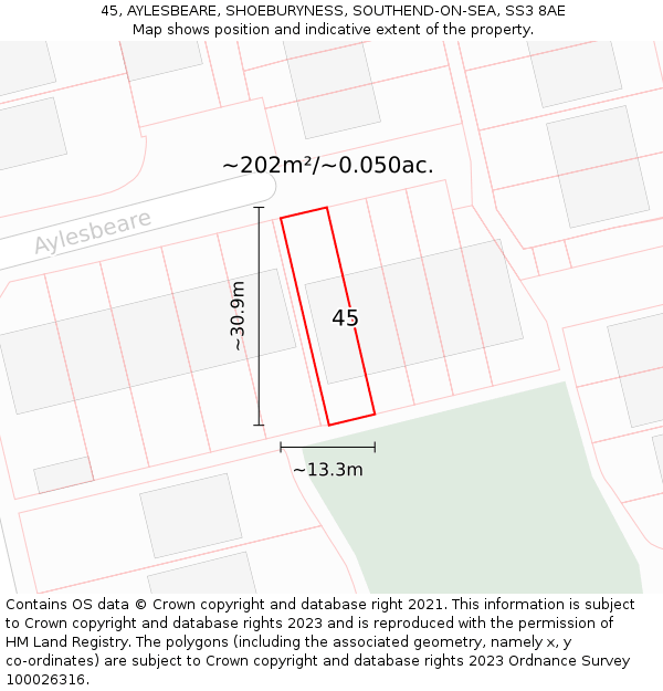 45, AYLESBEARE, SHOEBURYNESS, SOUTHEND-ON-SEA, SS3 8AE: Plot and title map
