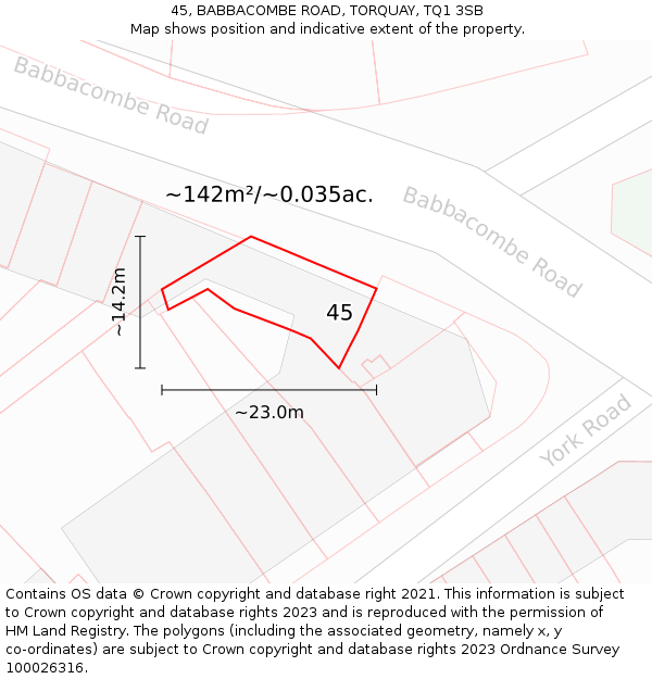 45, BABBACOMBE ROAD, TORQUAY, TQ1 3SB: Plot and title map