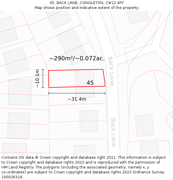 45, BACK LANE, CONGLETON, CW12 4PY: Plot and title map