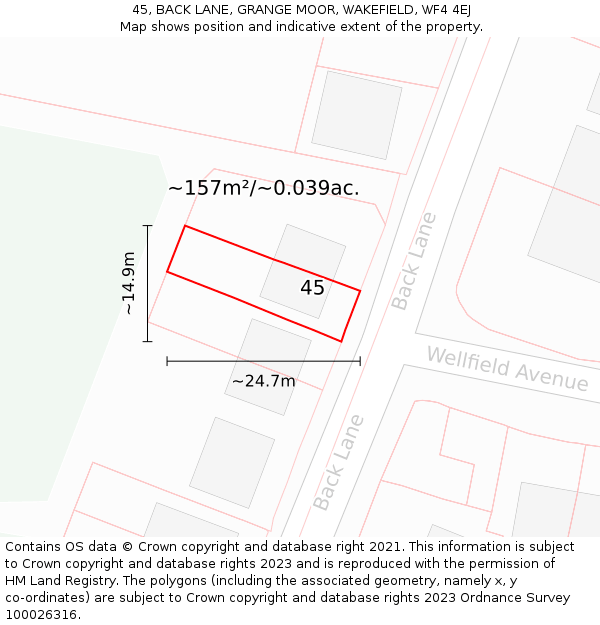 45, BACK LANE, GRANGE MOOR, WAKEFIELD, WF4 4EJ: Plot and title map