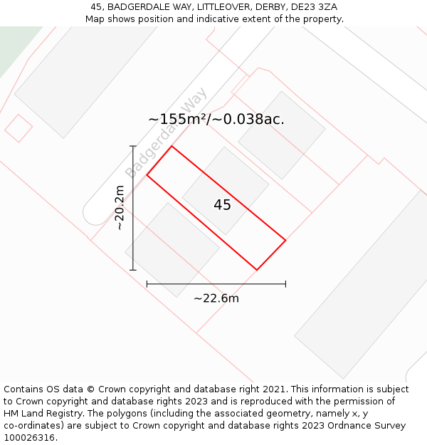 45, BADGERDALE WAY, LITTLEOVER, DERBY, DE23 3ZA: Plot and title map