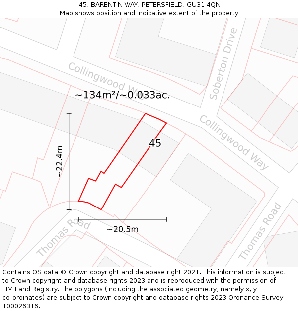 45, BARENTIN WAY, PETERSFIELD, GU31 4QN: Plot and title map