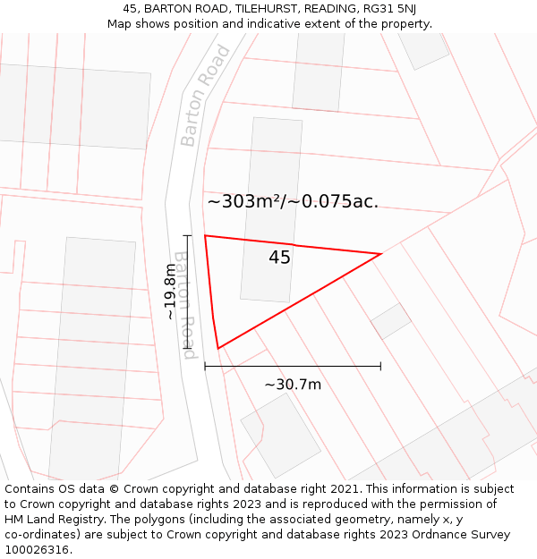 45, BARTON ROAD, TILEHURST, READING, RG31 5NJ: Plot and title map