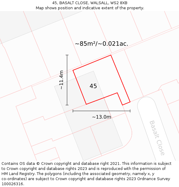 45, BASALT CLOSE, WALSALL, WS2 8XB: Plot and title map