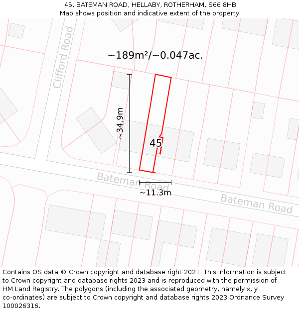 45, BATEMAN ROAD, HELLABY, ROTHERHAM, S66 8HB: Plot and title map