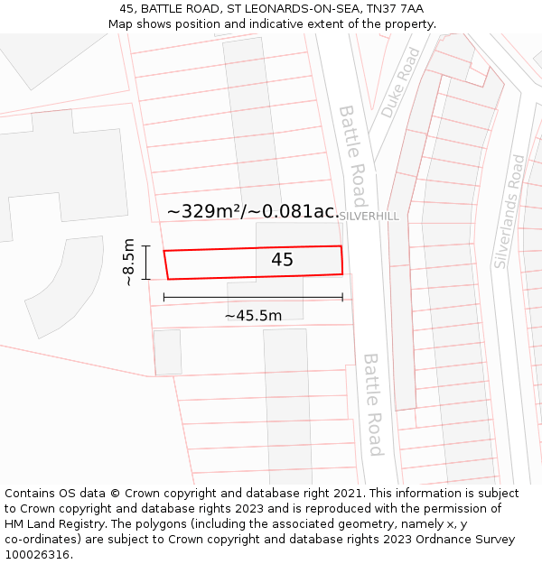 45, BATTLE ROAD, ST LEONARDS-ON-SEA, TN37 7AA: Plot and title map