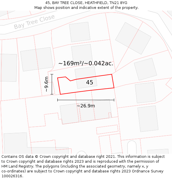 45, BAY TREE CLOSE, HEATHFIELD, TN21 8YG: Plot and title map