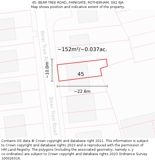 45, BEAR TREE ROAD, PARKGATE, ROTHERHAM, S62 6JA: Plot and title map