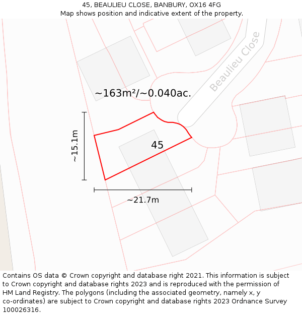 45, BEAULIEU CLOSE, BANBURY, OX16 4FG: Plot and title map