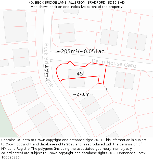 45, BECK BRIDGE LANE, ALLERTON, BRADFORD, BD15 8HD: Plot and title map