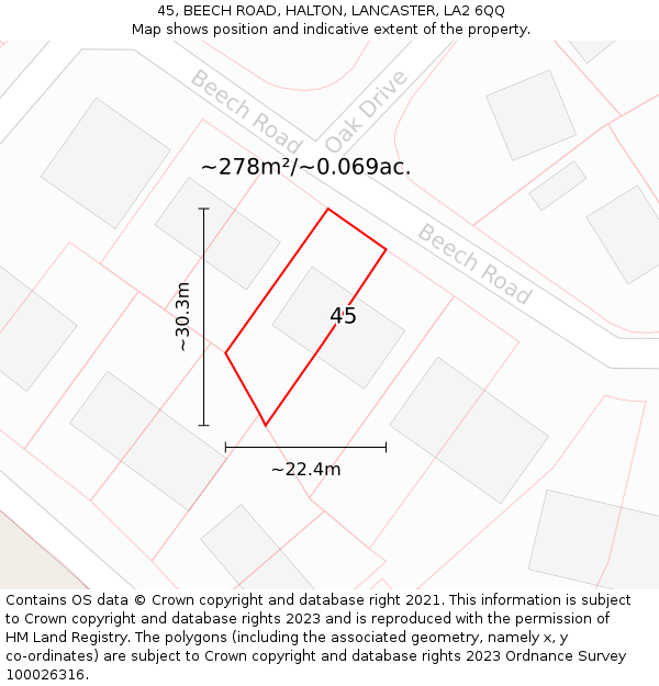 45, BEECH ROAD, HALTON, LANCASTER, LA2 6QQ: Plot and title map