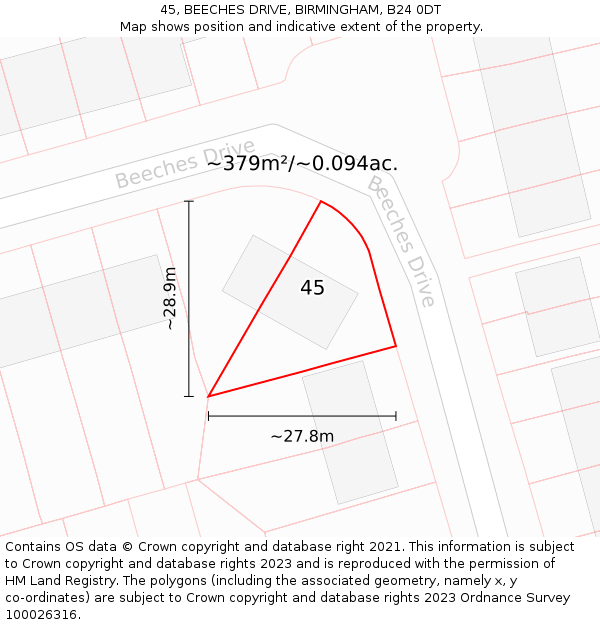 45, BEECHES DRIVE, BIRMINGHAM, B24 0DT: Plot and title map