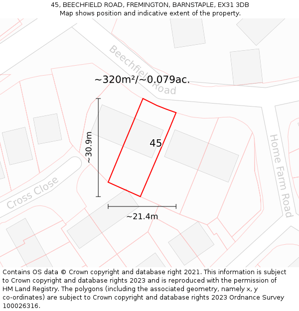 45, BEECHFIELD ROAD, FREMINGTON, BARNSTAPLE, EX31 3DB: Plot and title map