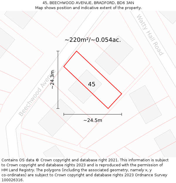 45, BEECHWOOD AVENUE, BRADFORD, BD6 3AN: Plot and title map