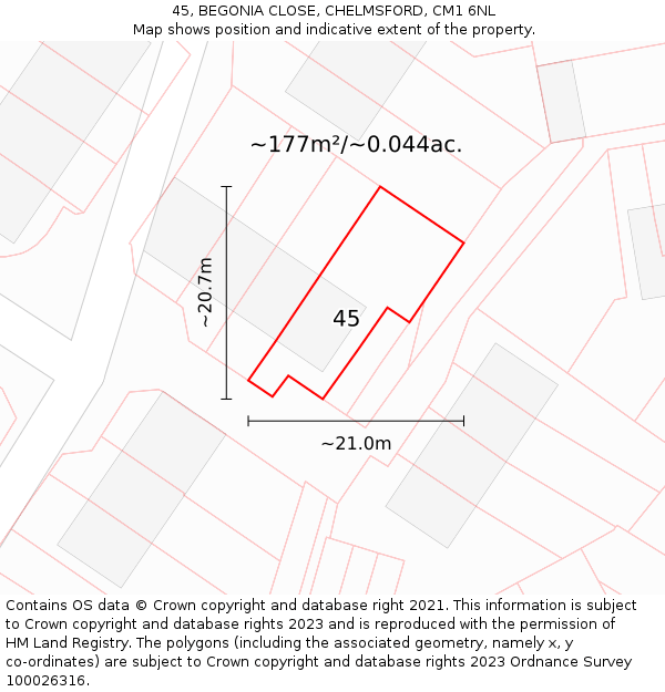 45, BEGONIA CLOSE, CHELMSFORD, CM1 6NL: Plot and title map