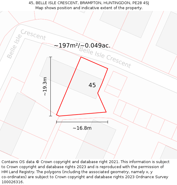 45, BELLE ISLE CRESCENT, BRAMPTON, HUNTINGDON, PE28 4SJ: Plot and title map