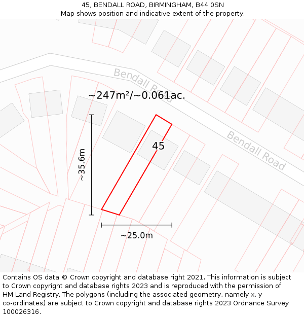 45, BENDALL ROAD, BIRMINGHAM, B44 0SN: Plot and title map