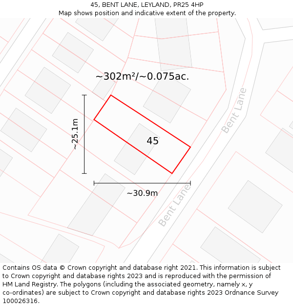 45, BENT LANE, LEYLAND, PR25 4HP: Plot and title map