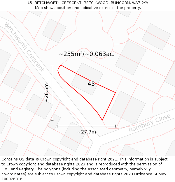 45, BETCHWORTH CRESCENT, BEECHWOOD, RUNCORN, WA7 2YA: Plot and title map