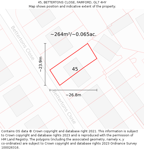 45, BETTERTONS CLOSE, FAIRFORD, GL7 4HY: Plot and title map