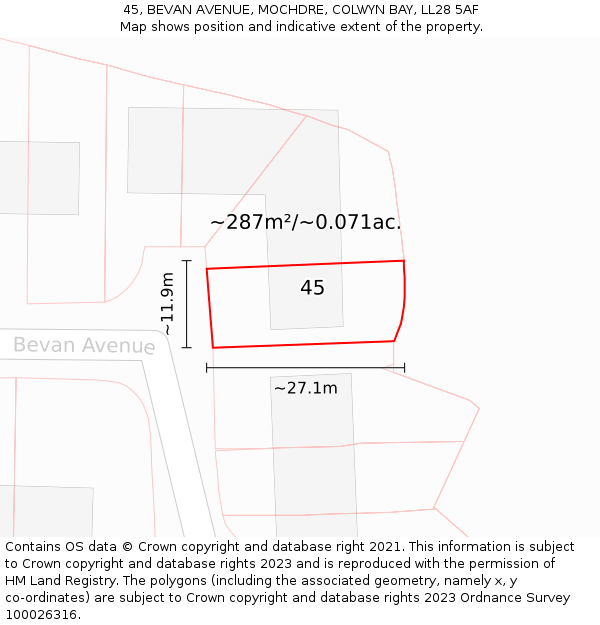 45, BEVAN AVENUE, MOCHDRE, COLWYN BAY, LL28 5AF: Plot and title map