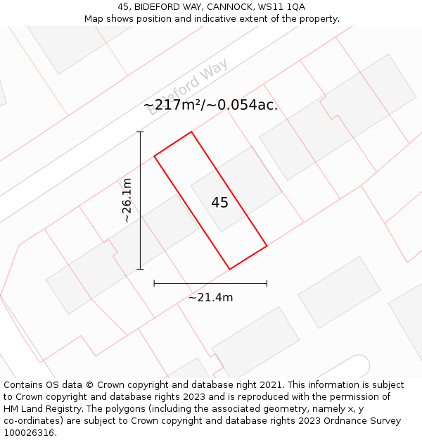 45, BIDEFORD WAY, CANNOCK, WS11 1QA: Plot and title map