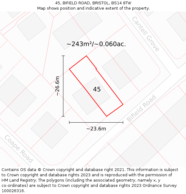 45, BIFIELD ROAD, BRISTOL, BS14 8TW: Plot and title map