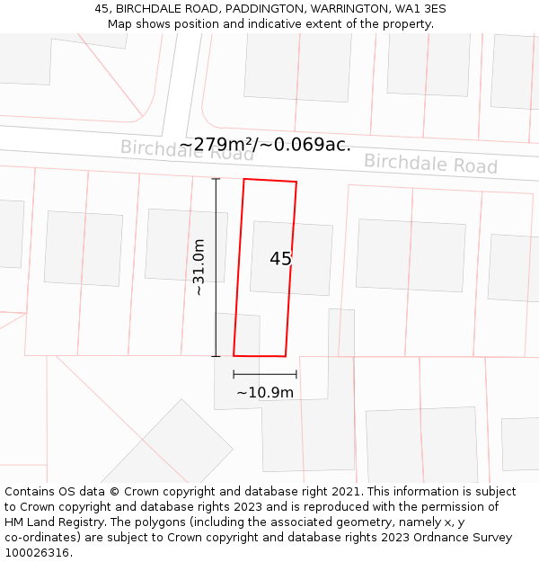 45, BIRCHDALE ROAD, PADDINGTON, WARRINGTON, WA1 3ES: Plot and title map