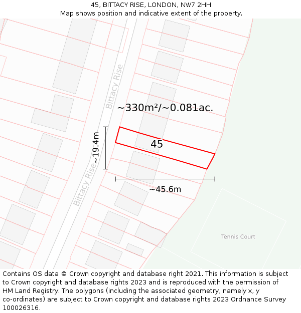 45, BITTACY RISE, LONDON, NW7 2HH: Plot and title map