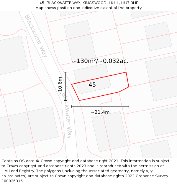 45, BLACKWATER WAY, KINGSWOOD, HULL, HU7 3HF: Plot and title map