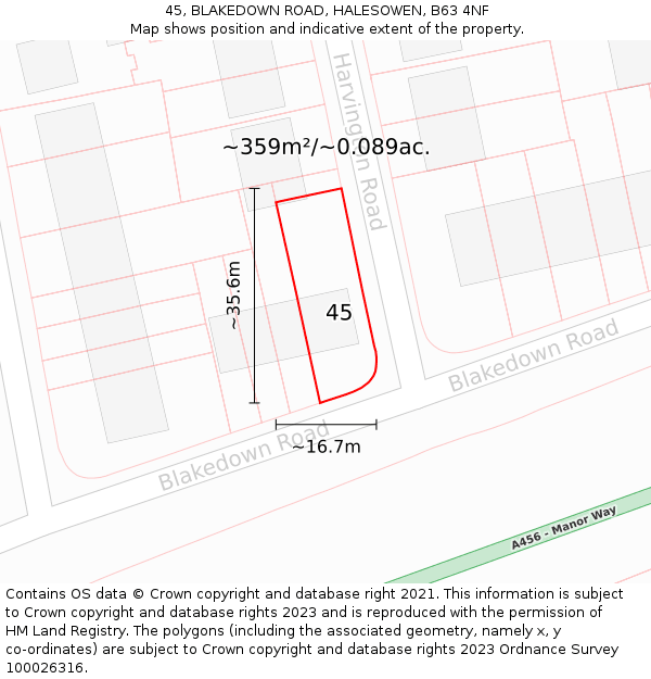 45, BLAKEDOWN ROAD, HALESOWEN, B63 4NF: Plot and title map