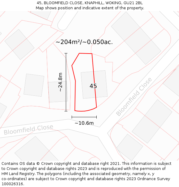 45, BLOOMFIELD CLOSE, KNAPHILL, WOKING, GU21 2BL: Plot and title map