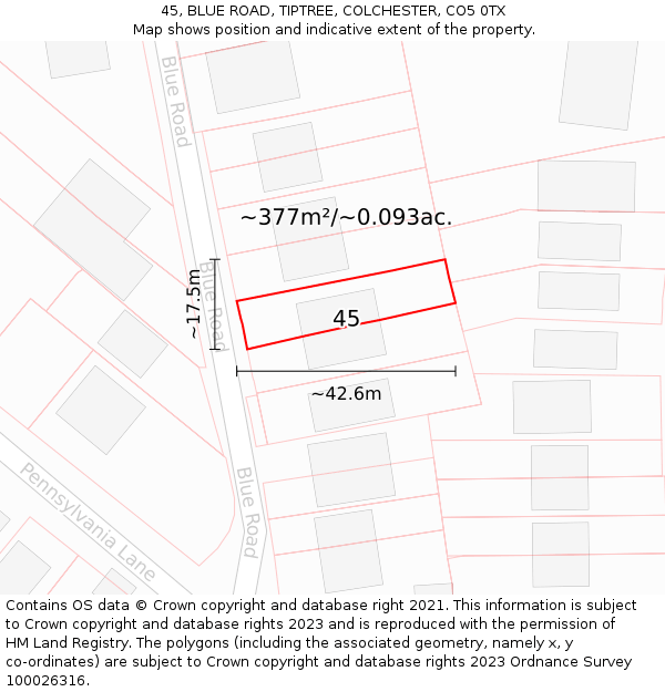 45, BLUE ROAD, TIPTREE, COLCHESTER, CO5 0TX: Plot and title map